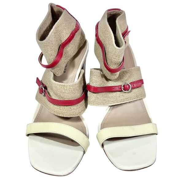 Donald J. Pliner Edie 8M Natural Linen Elastic Leather Stacked Heels Used - Picture 1 of 10